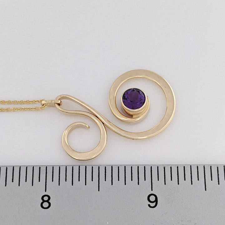 14K AMETHYST ROUND 6MM BEZEL "ED LEVIN" ESTATE SWIRL PENDANT &amp; CHAIN 5.2 GRAMS