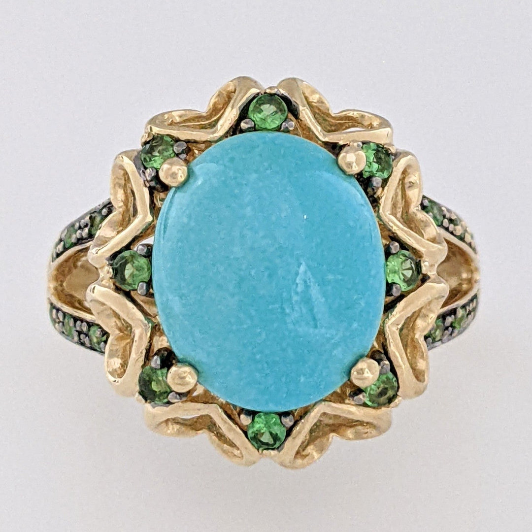 14K AVENTURINE OVAL 10X12 WITH (20) ROUND ESTATE RING 5.5 GRAMS