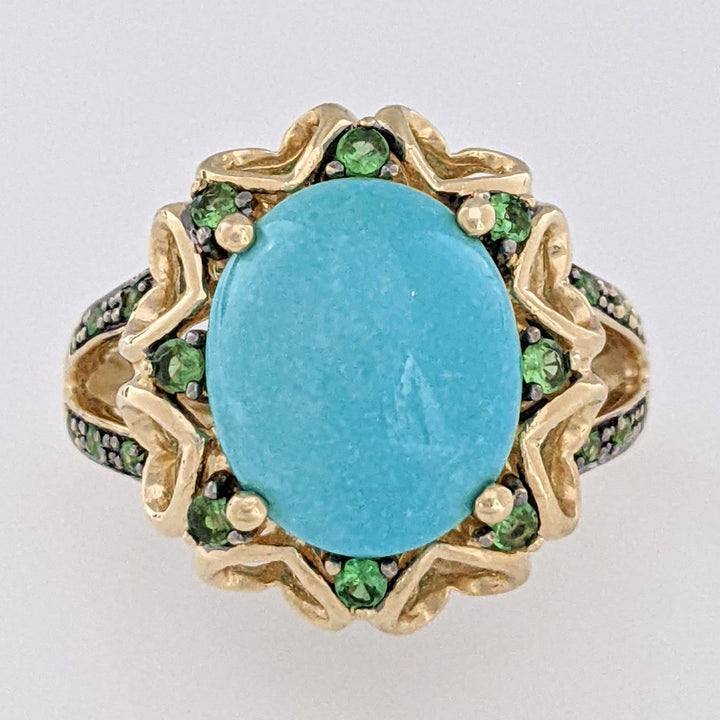 14K AVENTURINE OVAL 10X12 WITH (20) ROUND ESTATE RING 5.5 GRAMS