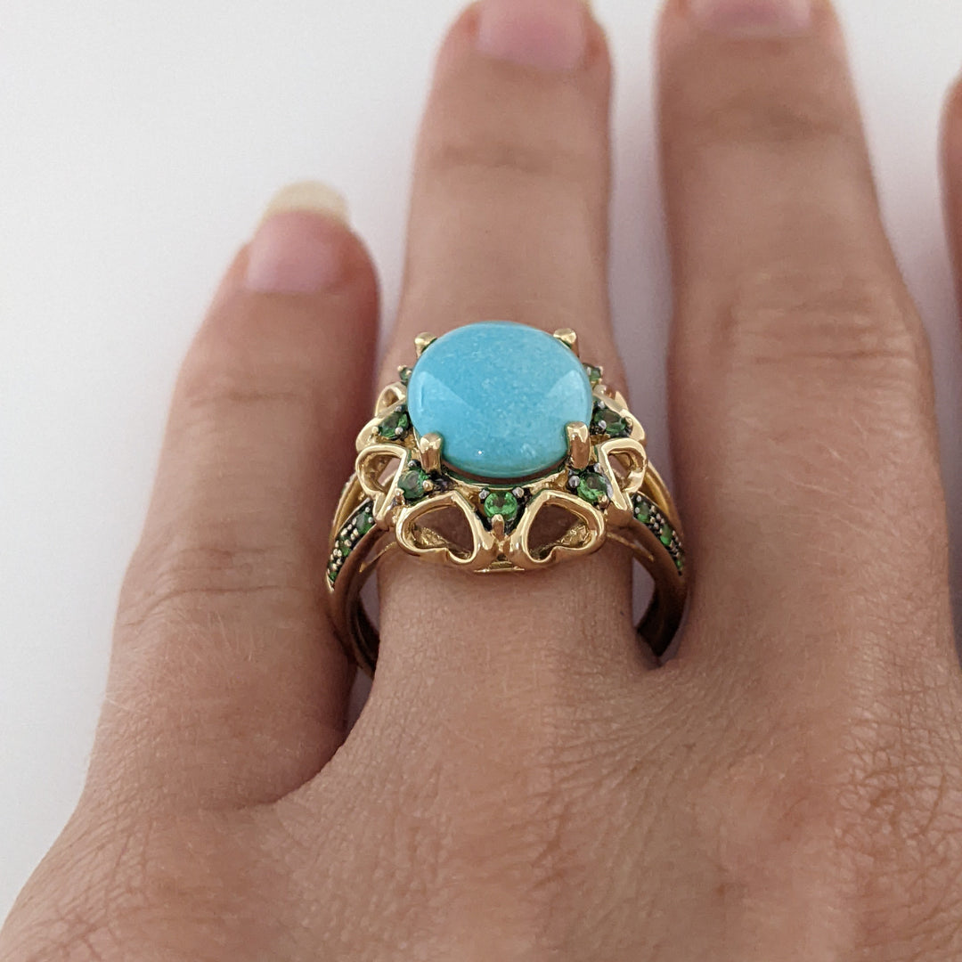 14K AVENTURINE OVAL 10X12 WITH (20) ROUND ESTATE RING 5.5 GRAMS