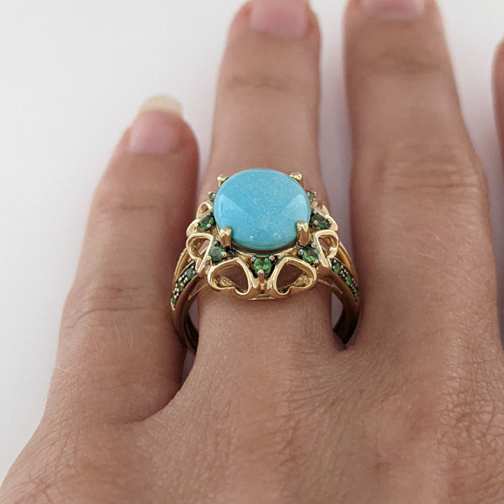 14K AVENTURINE OVAL 10X12 WITH (20) ROUND ESTATE RING 5.5 GRAMS