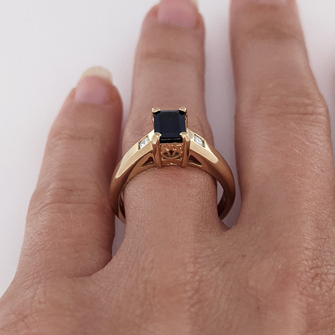 14K SAPPHIRE EMERALD CUT 5X7 WITH .18 DIAMOND TOTAL WEIGHT (2) PRINCESS CUT ESTATE RING 4.7 GRAMS