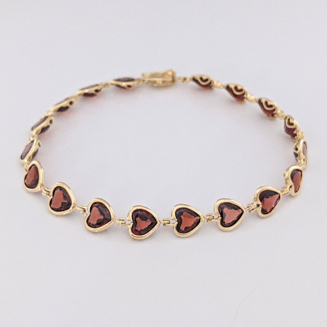 14K GARNET HEART 6MM (18) BEZEL ESTATE BRACELET 7.0 GRAMS
