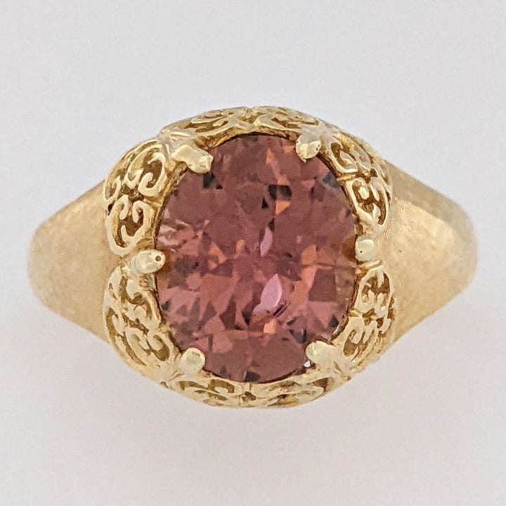 18K PINK TOURMALINE OVAL 8X10 FILAGREE TOP ESTATE RING 4.6 GRAMS