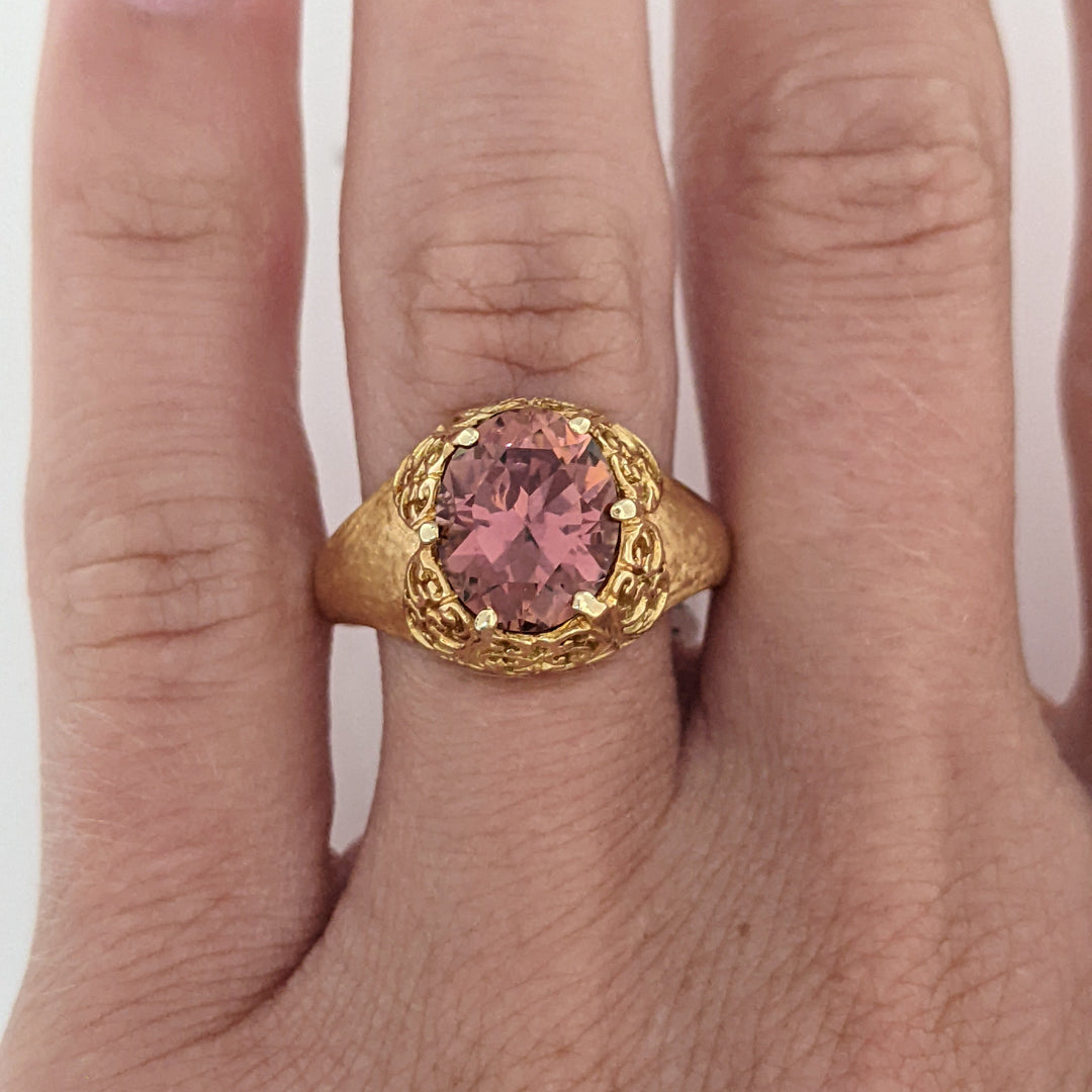18K PINK TOURMALINE OVAL 8X10 FILAGREE TOP ESTATE RING 4.6 GRAMS