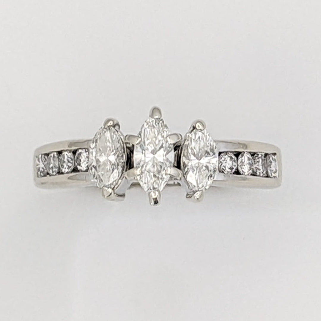 14K WHITE .95 CARAT TOTAL WEIGHT I1 E DIAMOND MARQUISE (3) WITH (8) ROUND MELEE ESTATE RING 4.5 GRAMS
