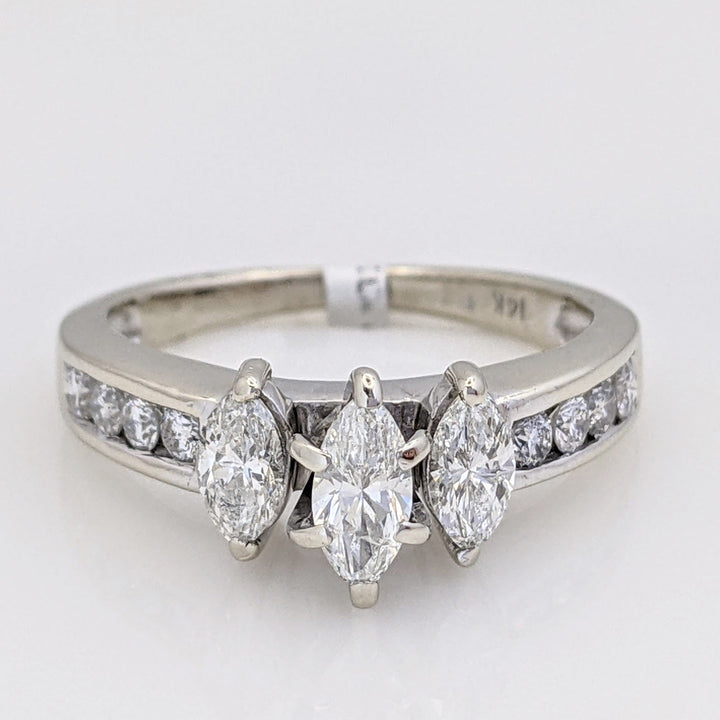 14K WHITE .95 CARAT TOTAL WEIGHT I1 E DIAMOND MARQUISE (3) WITH (8) ROUND MELEE ESTATE RING 4.5 GRAMS