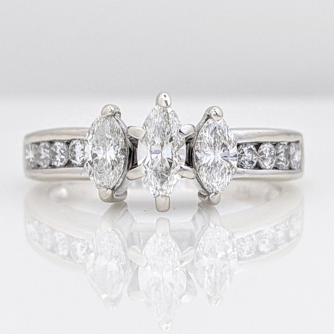 14K WHITE .95 CARAT TOTAL WEIGHT I1 E DIAMOND MARQUISE (3) WITH (8) ROUND MELEE ESTATE RING 4.5 GRAMS