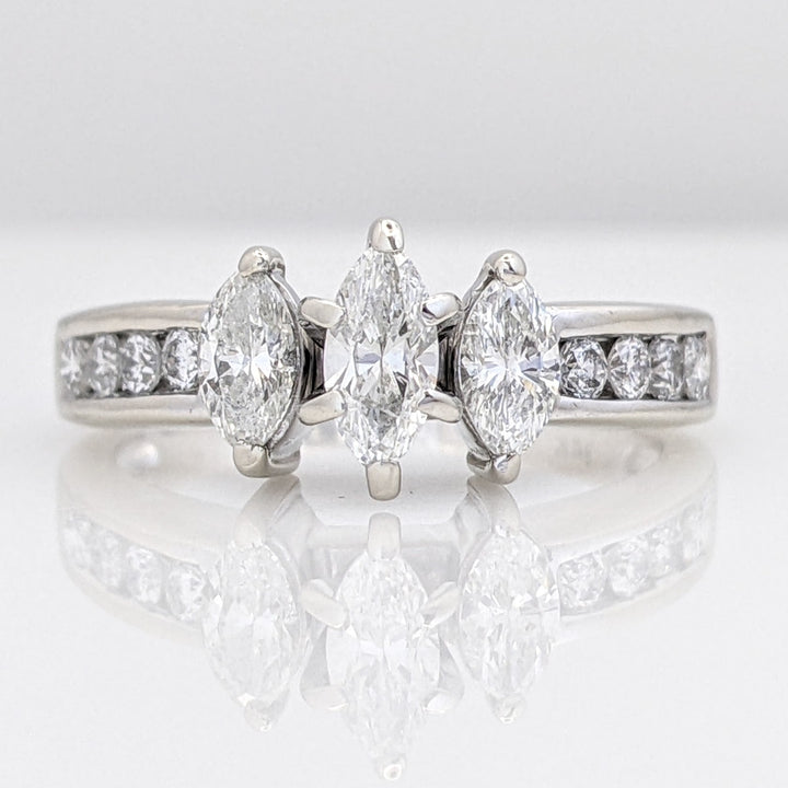 14K WHITE .95 CARAT TOTAL WEIGHT I1 E DIAMOND MARQUISE (3) WITH (8) ROUND MELEE ESTATE RING 4.5 GRAMS