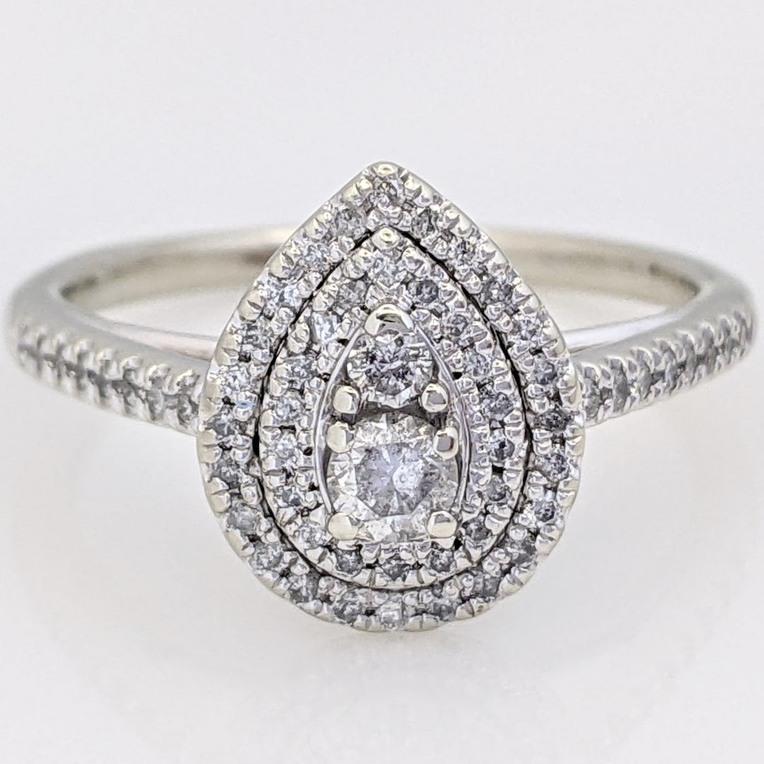 10K WHITE GOLD .46 CARAT TOTAL WEIGHT I1 H-I DIAMOND ROUND (60) HALO PEAR ESTATE RING 3.1 GRAMS