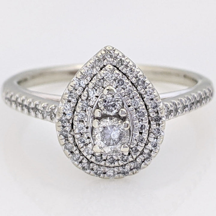 10K WHITE GOLD .46 CARAT TOTAL WEIGHT I1 H-I DIAMOND ROUND (60) HALO PEAR ESTATE RING 3.1 GRAMS