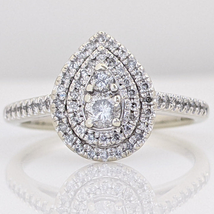 10K WHITE GOLD .46 CARAT TOTAL WEIGHT I1 H-I DIAMOND ROUND (60) HALO PEAR ESTATE RING 3.1 GRAMS