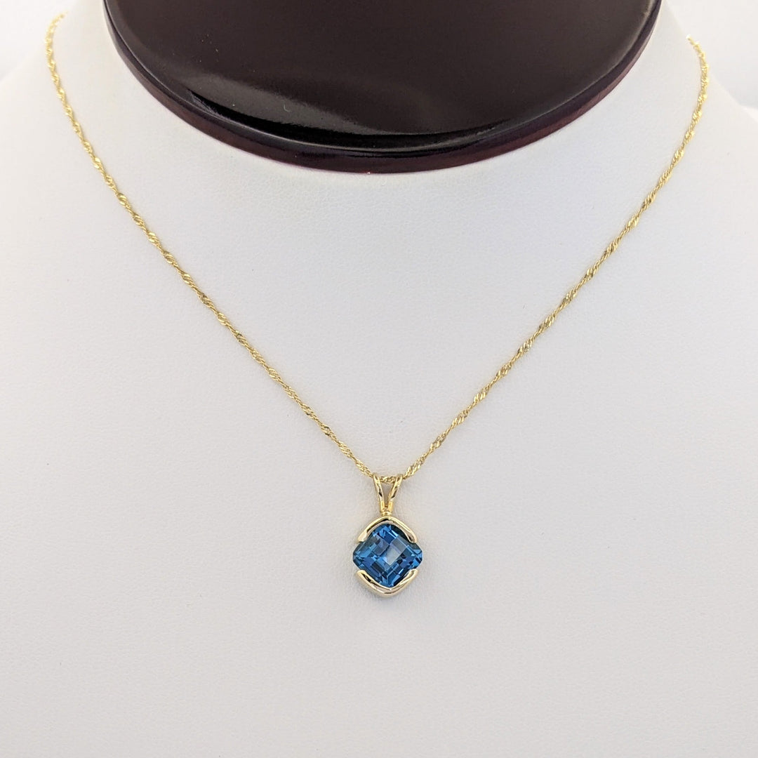 14K LONDON BLUE TOPAZ CUSHION CUT 7MM ESTATE PENDANT &amp; CHAIN 2.6 GRAMS