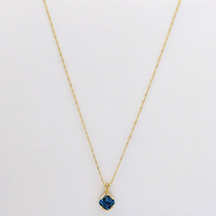 14K LONDON BLUE TOPAZ CUSHION CUT 7MM ESTATE PENDANT &amp; CHAIN 2.6 GRAMS