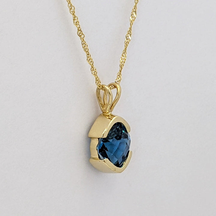 14K LONDON BLUE TOPAZ CUSHION CUT 7MM ESTATE PENDANT &amp; CHAIN 2.6 GRAMS