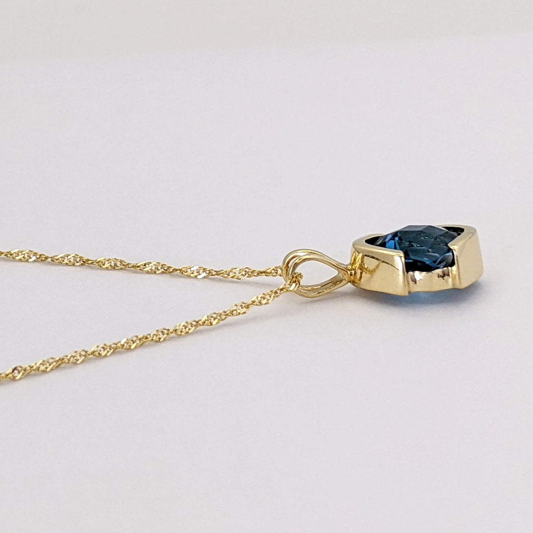 14K LONDON BLUE TOPAZ CUSHION CUT 7MM ESTATE PENDANT &amp; CHAIN 2.6 GRAMS