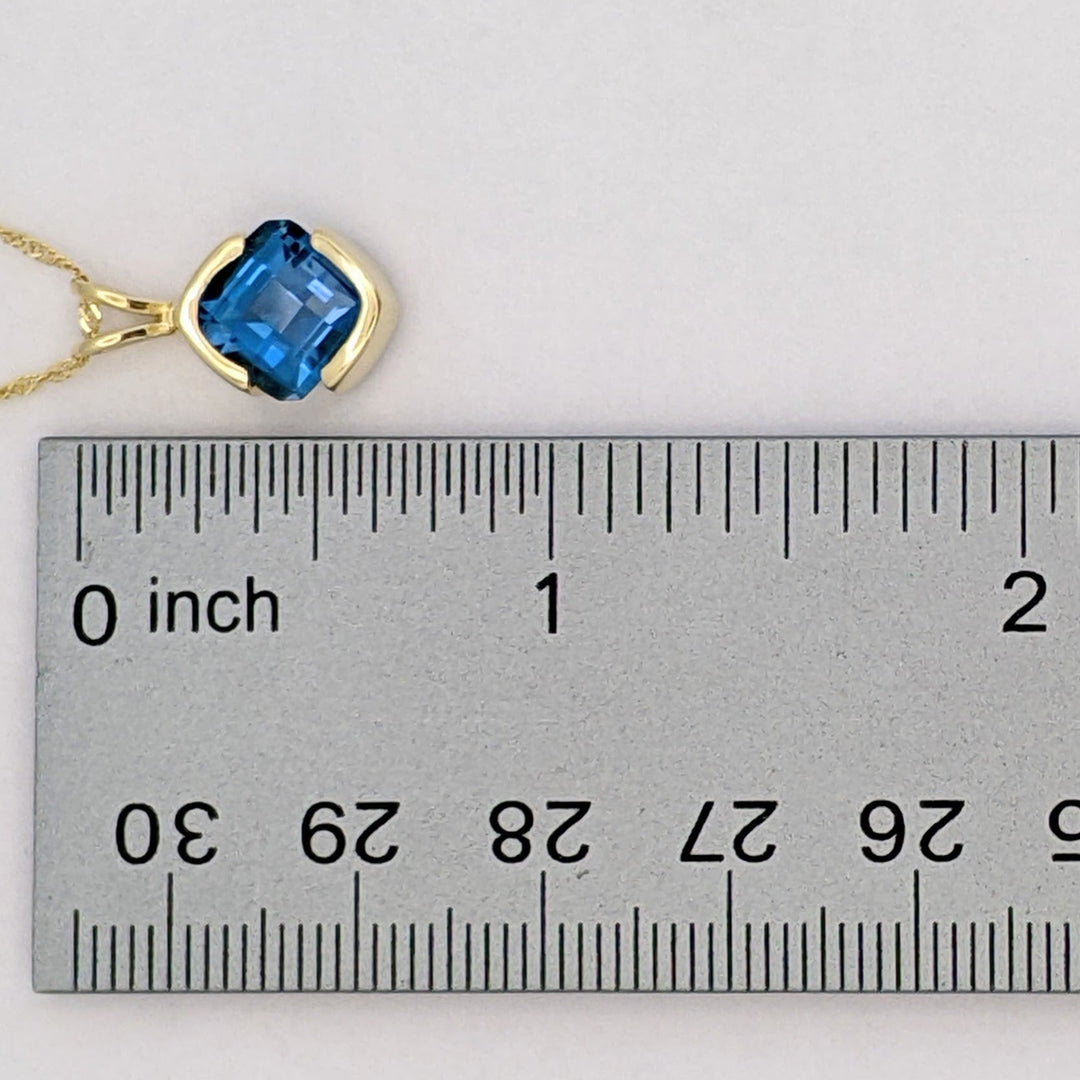 14K LONDON BLUE TOPAZ CUSHION CUT 7MM ESTATE PENDANT &amp; CHAIN 2.6 GRAMS