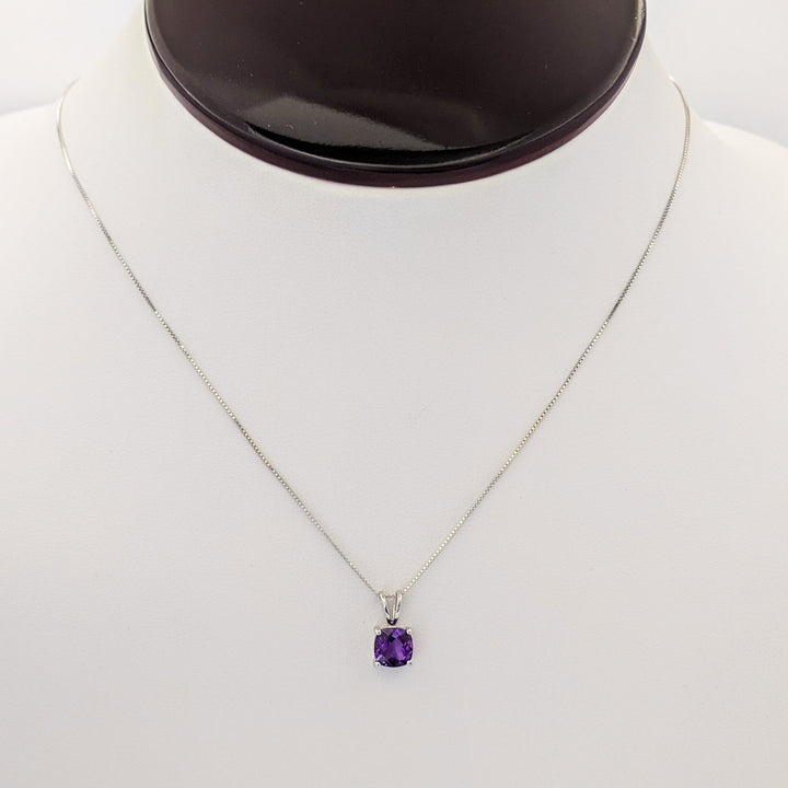 14K WHITE AMETHYST CUSHION CUT 6MM ESTATE PENDANT &amp; CHAIN 1.6 GRAMS