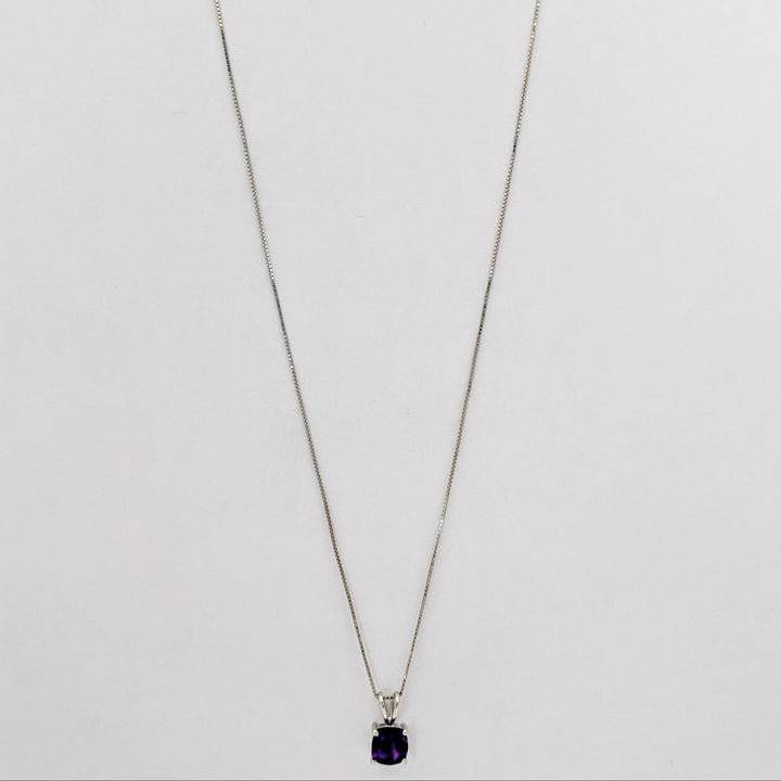 14K WHITE AMETHYST CUSHION CUT 6MM ESTATE PENDANT &amp; CHAIN 1.6 GRAMS