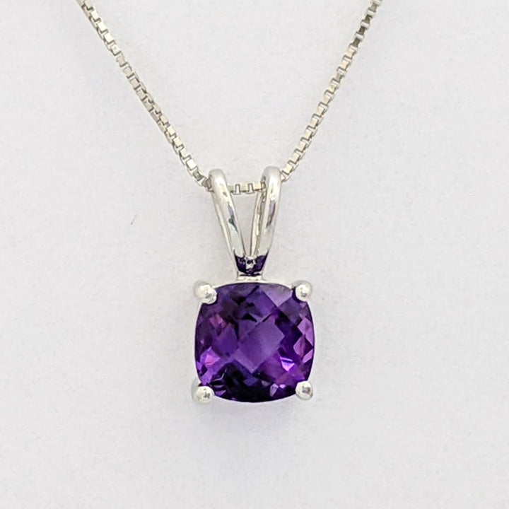 14K WHITE AMETHYST CUSHION CUT 6MM ESTATE PENDANT &amp; CHAIN 1.6 GRAMS
