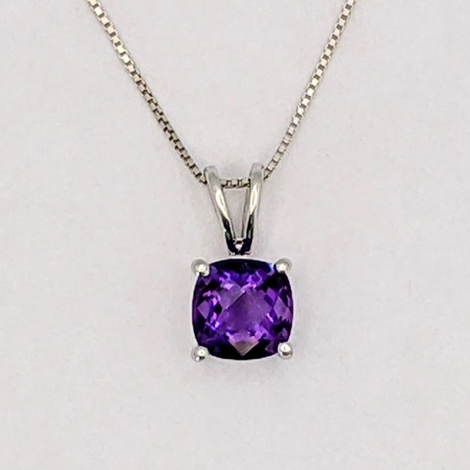 14K WHITE AMETHYST CUSHION CUT 6MM ESTATE PENDANT &amp; CHAIN 1.6 GRAMS