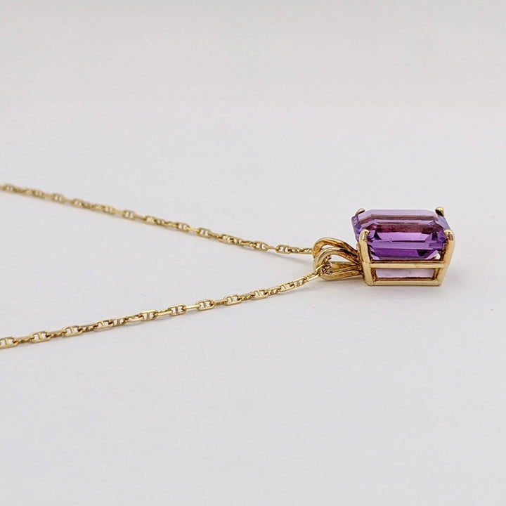 14K AMETHYST EMERALD CUT 8X10 ESTATE PENDANT &amp; CHAIN 2.5 GRAMS