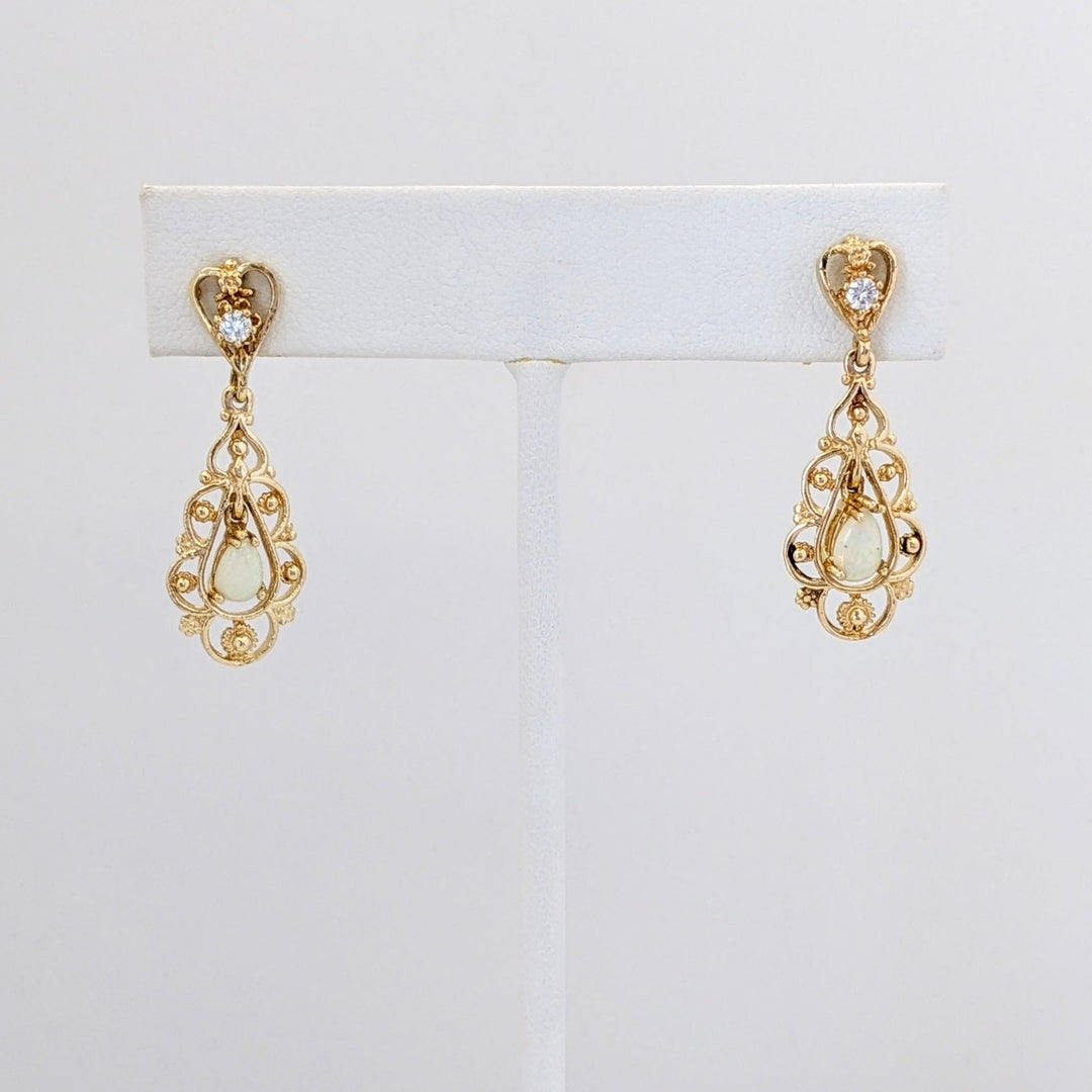 14K OPAL PEAR 4X6 (2) WITH DIAMOND FILAGREE DANGLE ESTATE EARRINGS 4.3 GRAMS