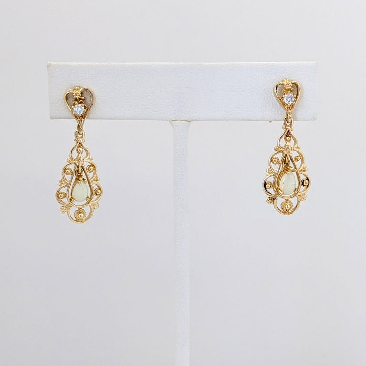 14K OPAL PEAR 4X6 (2) WITH DIAMOND FILAGREE DANGLE ESTATE EARRINGS 4.3 GRAMS