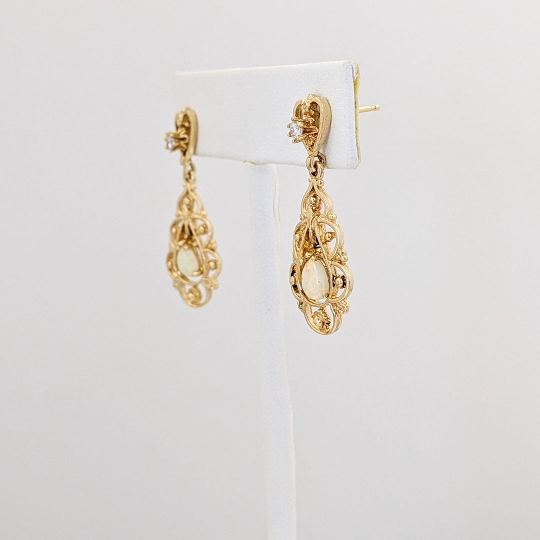 14K OPAL PEAR 4X6 (2) WITH DIAMOND FILAGREE DANGLE ESTATE EARRINGS 4.3 GRAMS