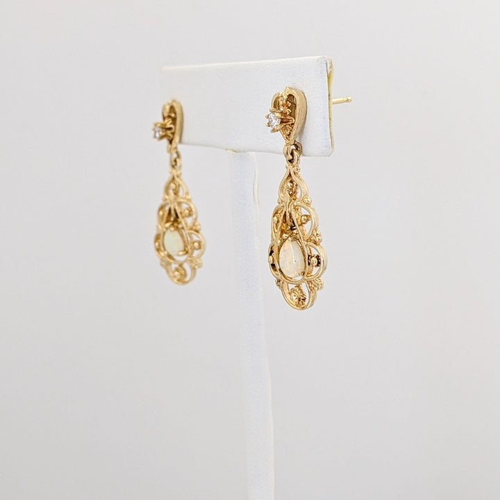 14K OPAL PEAR 4X6 (2) WITH DIAMOND FILAGREE DANGLE ESTATE EARRINGS 4.3 GRAMS