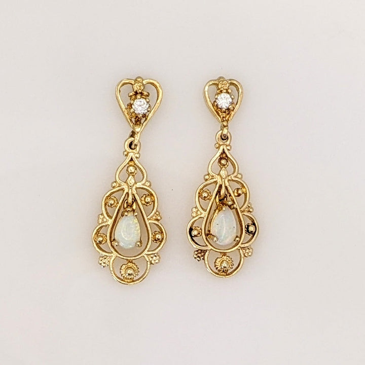 14K OPAL PEAR 4X6 (2) WITH DIAMOND FILAGREE DANGLE ESTATE EARRINGS 4.3 GRAMS