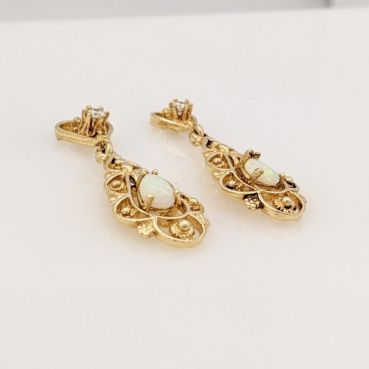 14K OPAL PEAR 4X6 (2) WITH DIAMOND FILAGREE DANGLE ESTATE EARRINGS 4.3 GRAMS