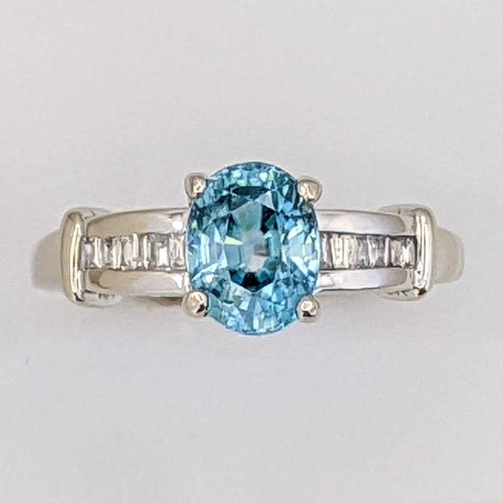 14K WHITE BLUE TOPAZ OVAL 6X7.6MM WITH BAGUETTES ESTATE RING 3.6 GRAMS