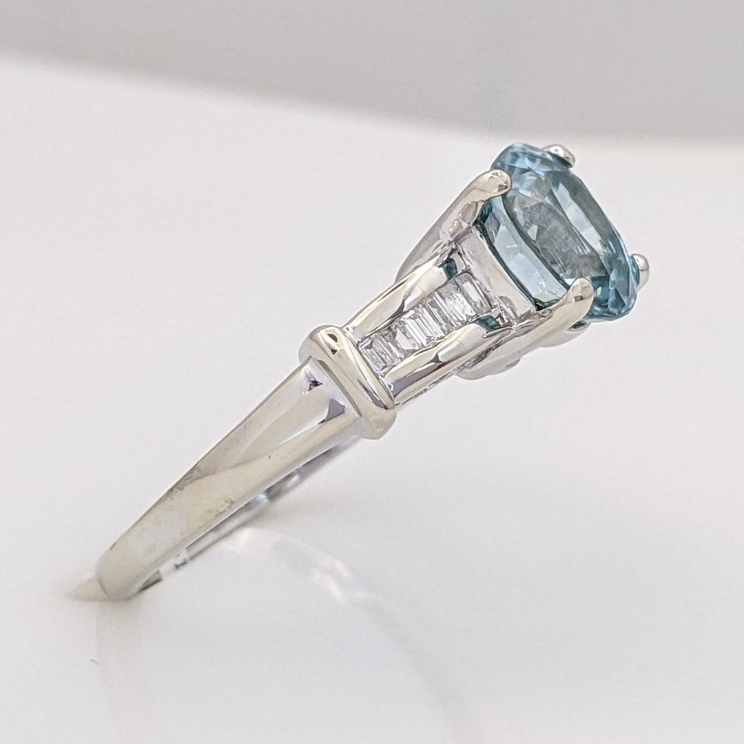 14K WHITE BLUE TOPAZ OVAL 6X7.6MM WITH BAGUETTES ESTATE RING 3.6 GRAMS