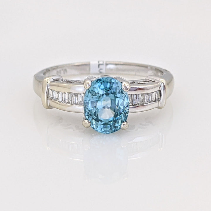14K WHITE BLUE TOPAZ OVAL 6X7.6MM WITH BAGUETTES ESTATE RING 3.6 GRAMS