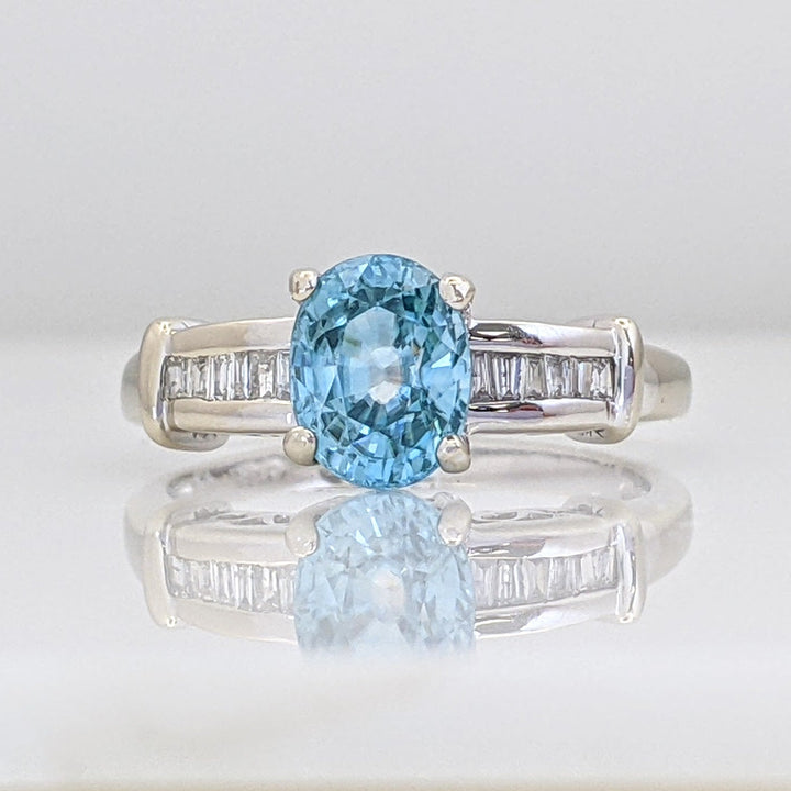 14K WHITE BLUE TOPAZ OVAL 6X7.6MM WITH BAGUETTES ESTATE RING 3.6 GRAMS