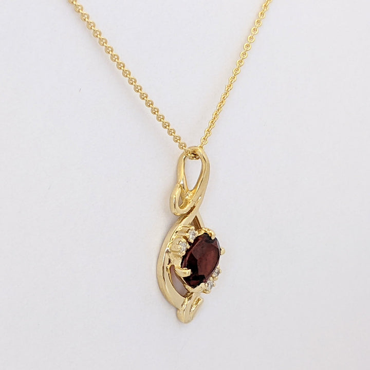 14K GARNET OVAL 6X8 WITH (4) MELEE SWIRL TOP ESTATE PENDANT &amp; CHAIN 4.3 GRAMS
