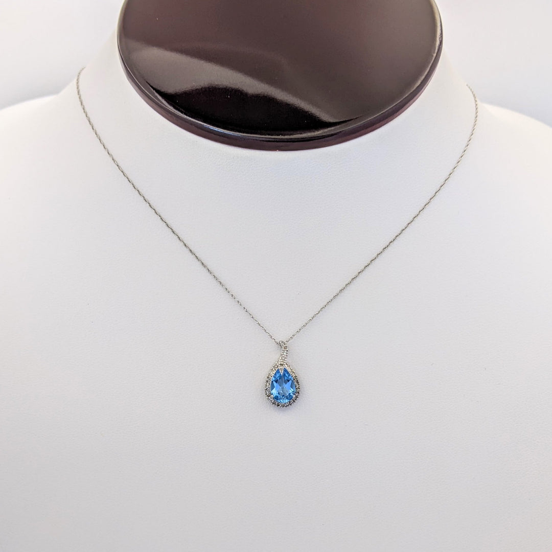 10K WHITE BLUE TOPAZ PEAR 6X9 WITH MELEE HALO ESTATE PENDANT &amp; CHAIN 1.4 GRAMS