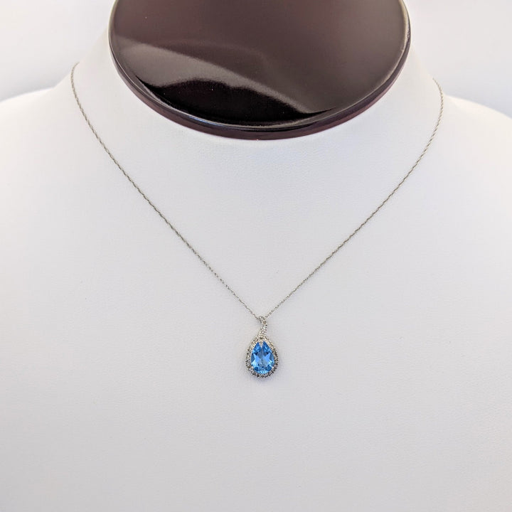 10K WHITE BLUE TOPAZ PEAR 6X9 WITH MELEE HALO ESTATE PENDANT &amp; CHAIN 1.4 GRAMS