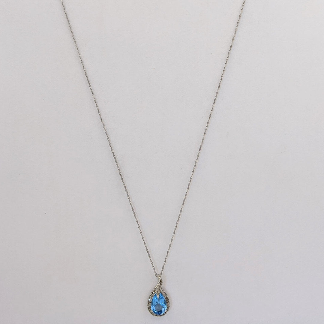 10K WHITE BLUE TOPAZ PEAR 6X9 WITH MELEE HALO ESTATE PENDANT &amp; CHAIN 1.4 GRAMS
