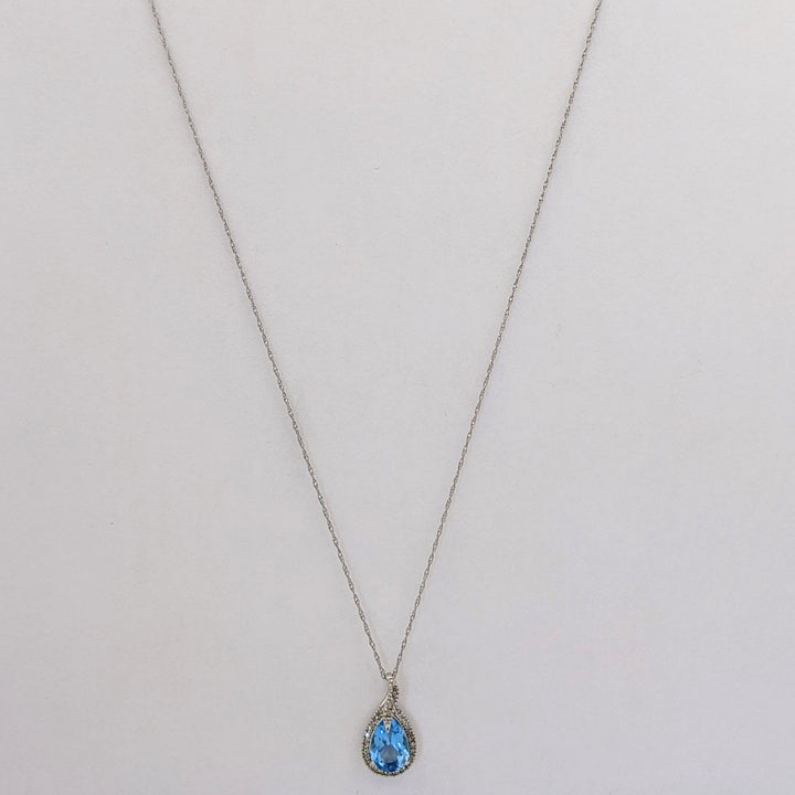 10K WHITE BLUE TOPAZ PEAR 6X9 WITH MELEE HALO ESTATE PENDANT &amp; CHAIN 1.4 GRAMS