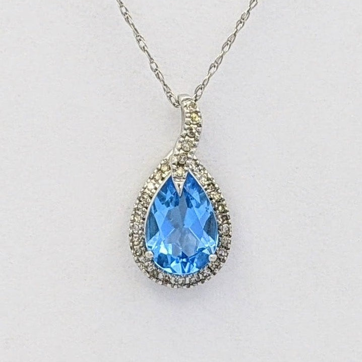 10K WHITE BLUE TOPAZ PEAR 6X9 WITH MELEE HALO ESTATE PENDANT &amp; CHAIN 1.4 GRAMS