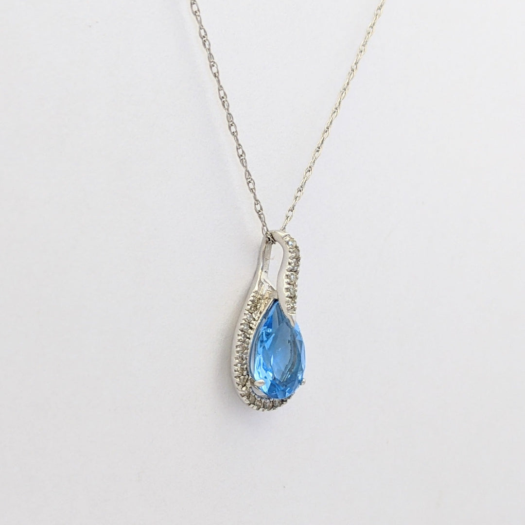 10K WHITE BLUE TOPAZ PEAR 6X9 WITH MELEE HALO ESTATE PENDANT &amp; CHAIN 1.4 GRAMS