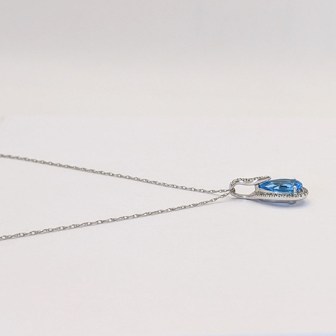 10K WHITE BLUE TOPAZ PEAR 6X9 WITH MELEE HALO ESTATE PENDANT &amp; CHAIN 1.4 GRAMS
