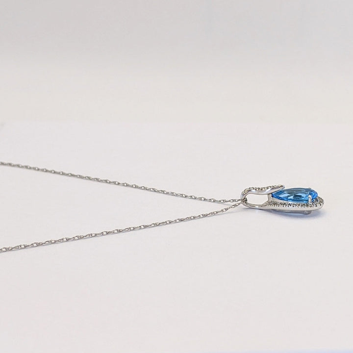 10K WHITE BLUE TOPAZ PEAR 6X9 WITH MELEE HALO ESTATE PENDANT &amp; CHAIN 1.4 GRAMS
