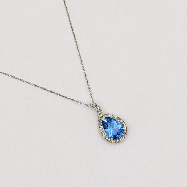10K WHITE BLUE TOPAZ PEAR 6X9 WITH MELEE HALO ESTATE PENDANT &amp; CHAIN 1.4 GRAMS