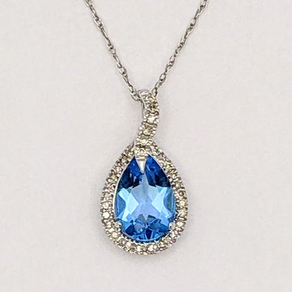 10K WHITE BLUE TOPAZ PEAR 6X9 WITH MELEE HALO ESTATE PENDANT &amp; CHAIN 1.4 GRAMS