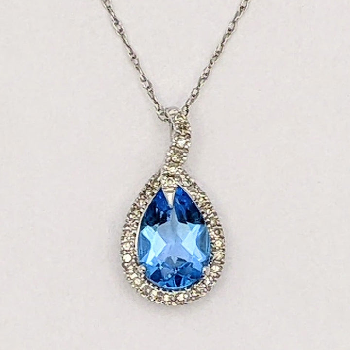 10K WHITE BLUE TOPAZ PEAR 6X9 WITH MELEE HALO ESTATE PENDANT &amp; CHAIN 1.4 GRAMS