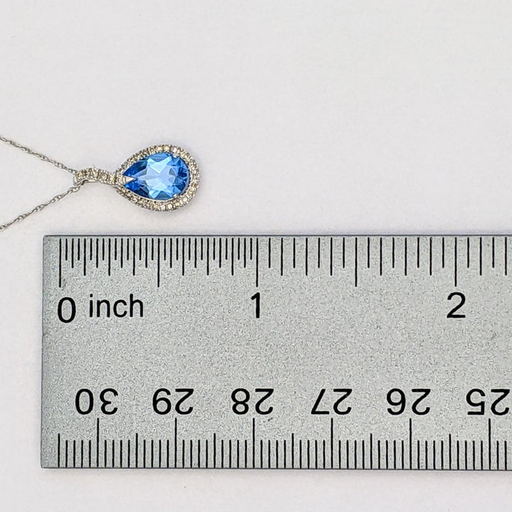 10K WHITE BLUE TOPAZ PEAR 6X9 WITH MELEE HALO ESTATE PENDANT &amp; CHAIN 1.4 GRAMS