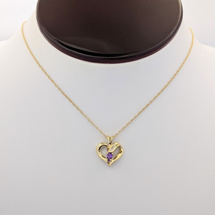 14K AMETHYST PEAR 3X5 WITH MELEE ESTATE HEART PENDANT &amp; CHAIN 2.7 GRAMS